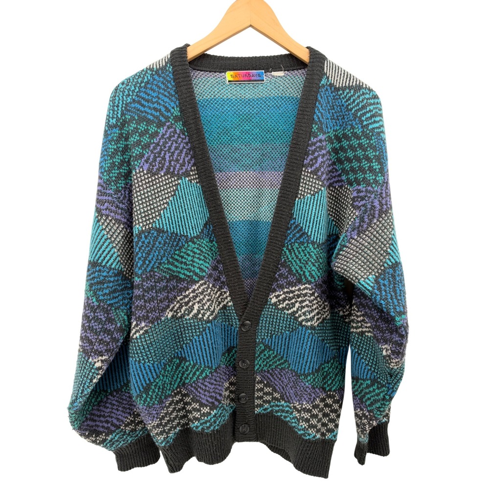 Grandpacore Sweater Vtg 80s/90s Geometric Abstract Sweater Teal Purple Cozy